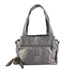 Kipling Nylon Tote Bag Monkey Keychain Taupe Travel Shoulder Handbag